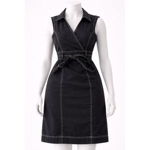 Maria Navarro Black Contrast Stitch Sleeveless Wrap Midi Dress Size EC